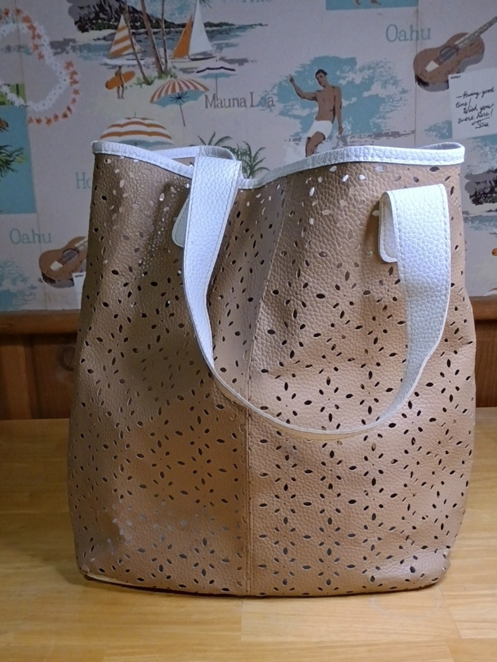 Saks Fifth Avenue Tan Perforated Beach Tote with White Handles